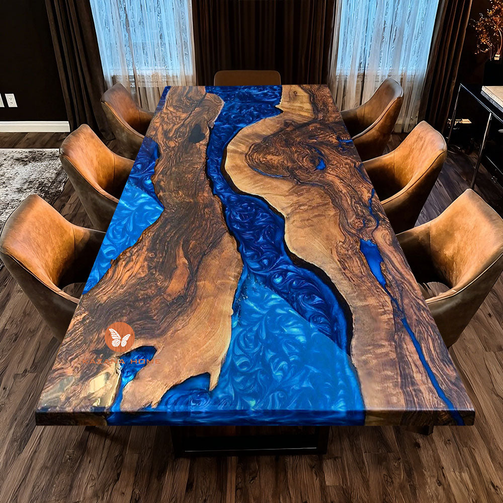 Custom Black Walnut Blue River Epoxy Table in Florida
