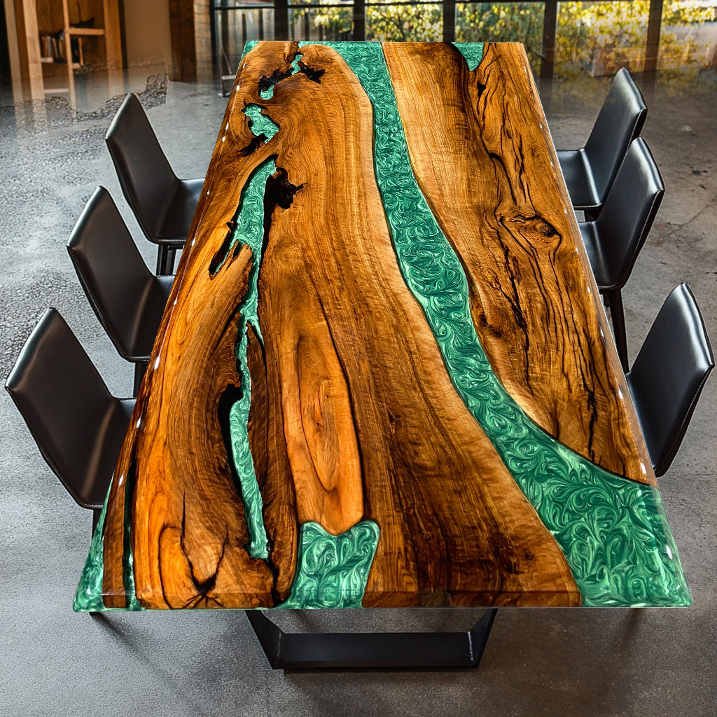 Custom Black Walnut Green River Resin Epoxy Table in Miami