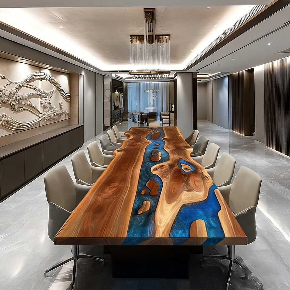 Custom Black Walnut Live Edge River Conference Epoxy Table in Chicago