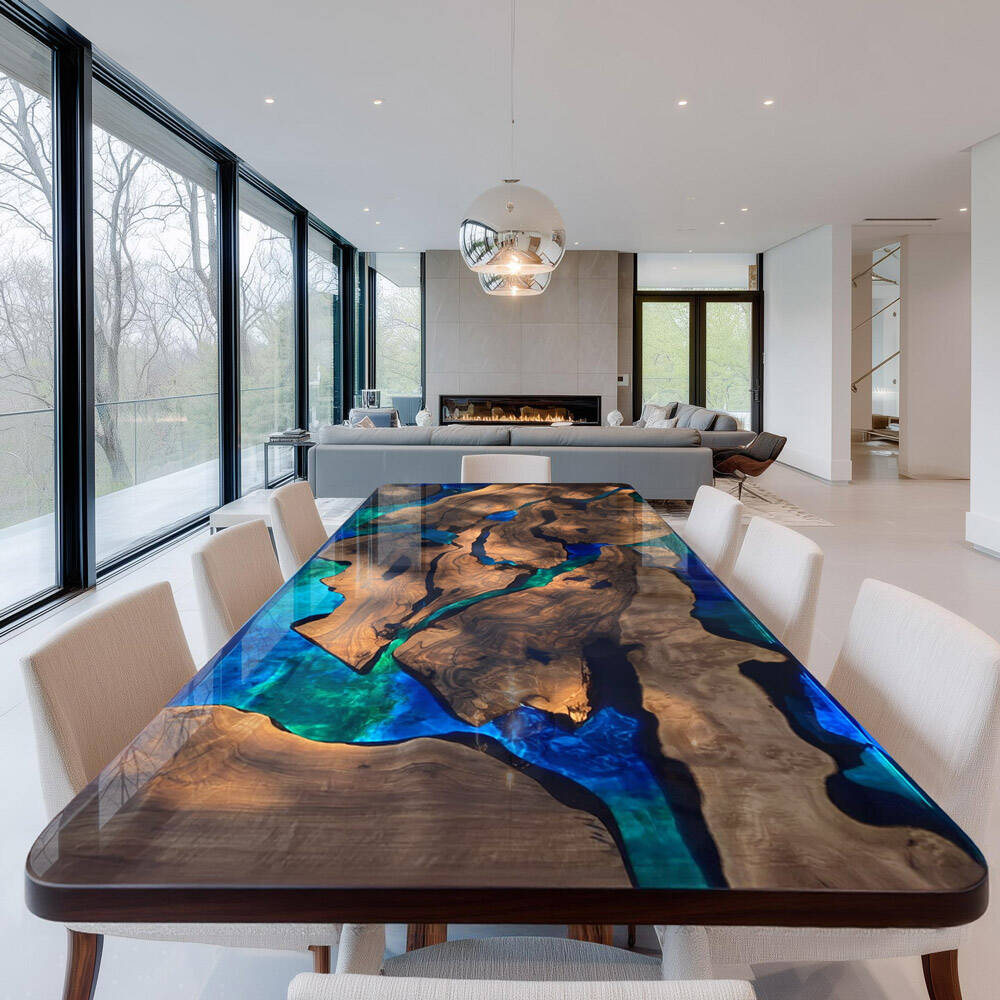 Black Walnut Mixed Green and Blue Epoxy Table - Breathtaking Aurora Flow for Large Dining Spaces in Hamptons