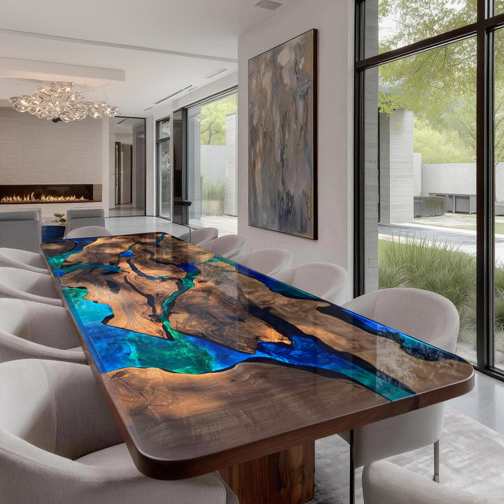 Custom Black Walnut Mixed Green and Blue Epoxy Table for Large Dining Spaces KCT108 in Hamptons