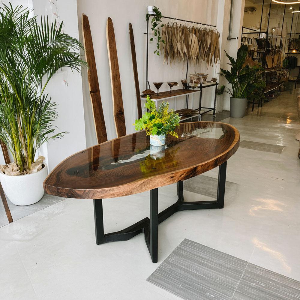 Custom Black Walnut Clear River Resin Oval Epoxy Table in Miami