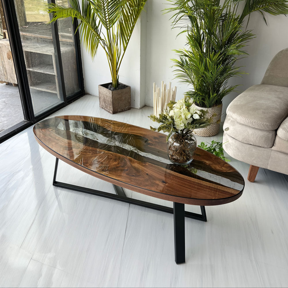 Custom Black Walnut Clear River Resin Oval Epoxy Table in Miami