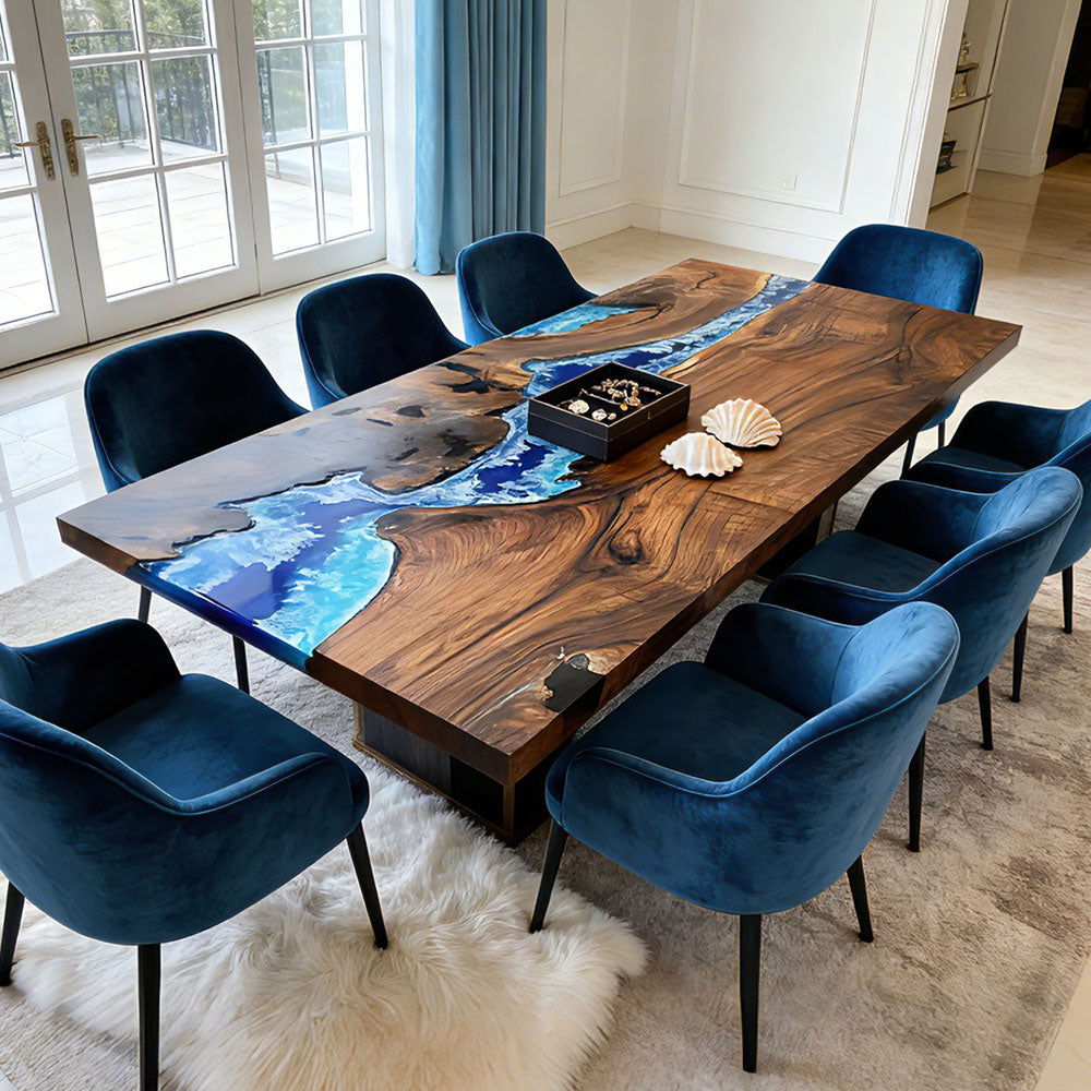 Custom Black Walnut River Blue Wave Resin Epoxy Table in Florida