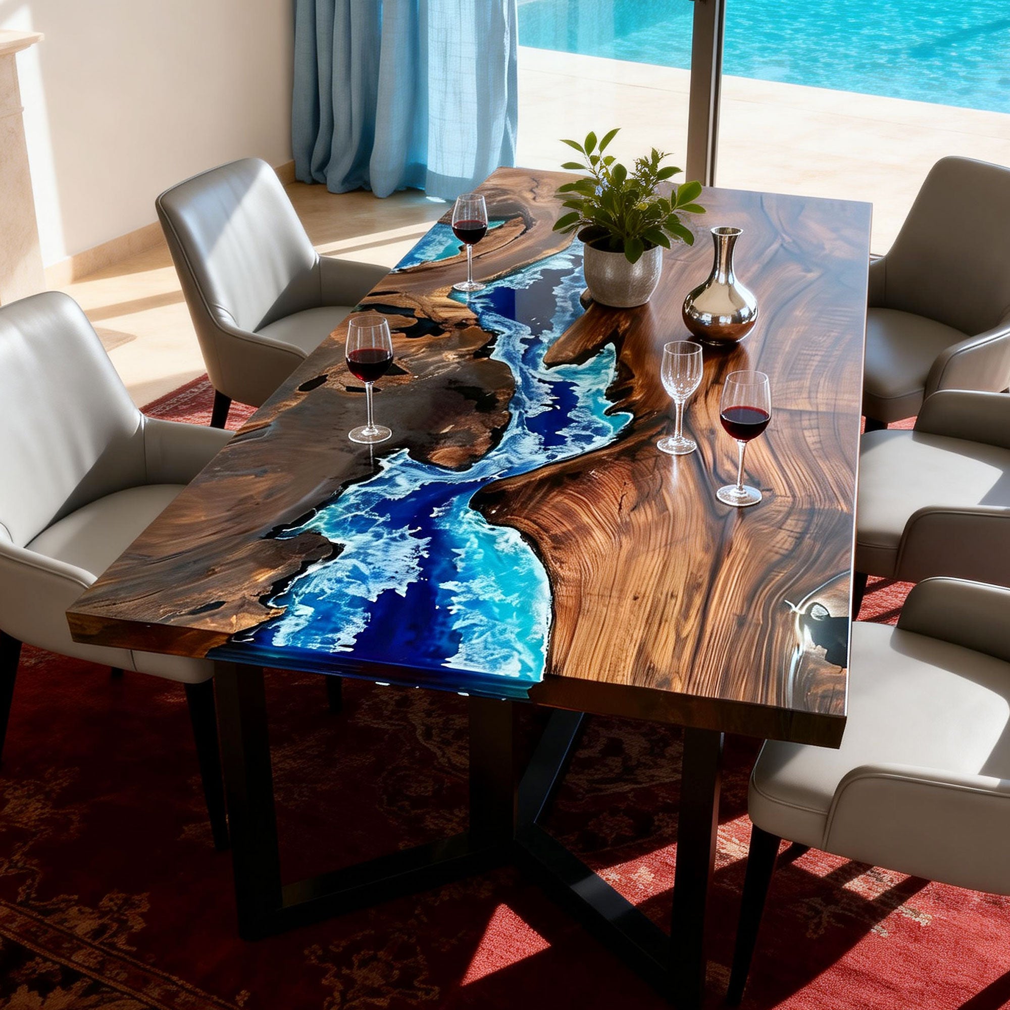 Custom Black Walnut River Blue Wave Resin Epoxy Table in Florida