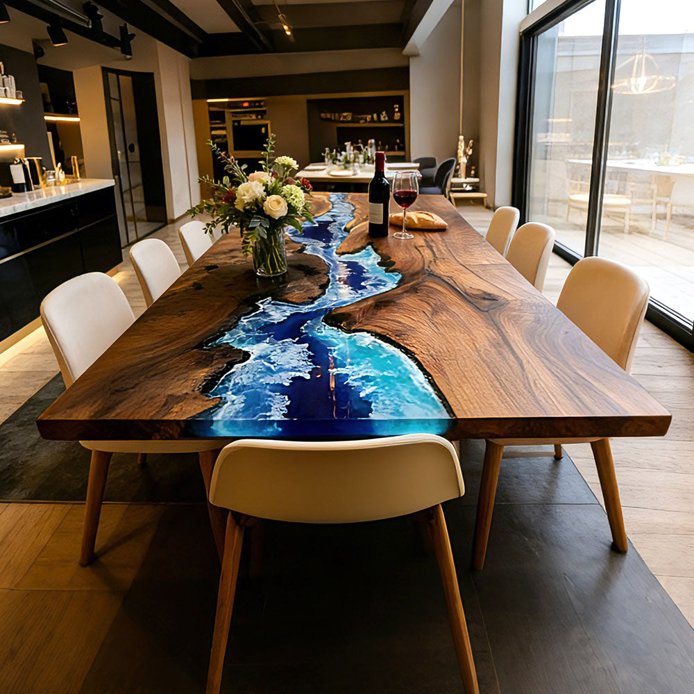 Custom Black Walnut River Blue Wave Resin Epoxy Table in Florida