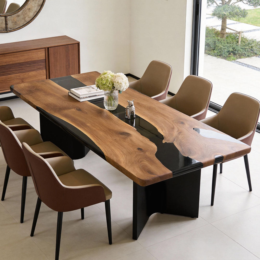 Custom Black Walnut Black River Epoxy Table in Miami