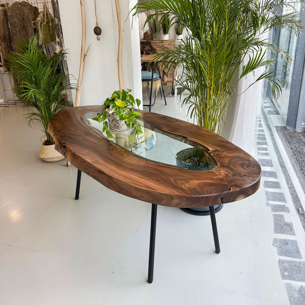 Custom Black Walnut Clear River Resin Oval Epoxy Table in Miami