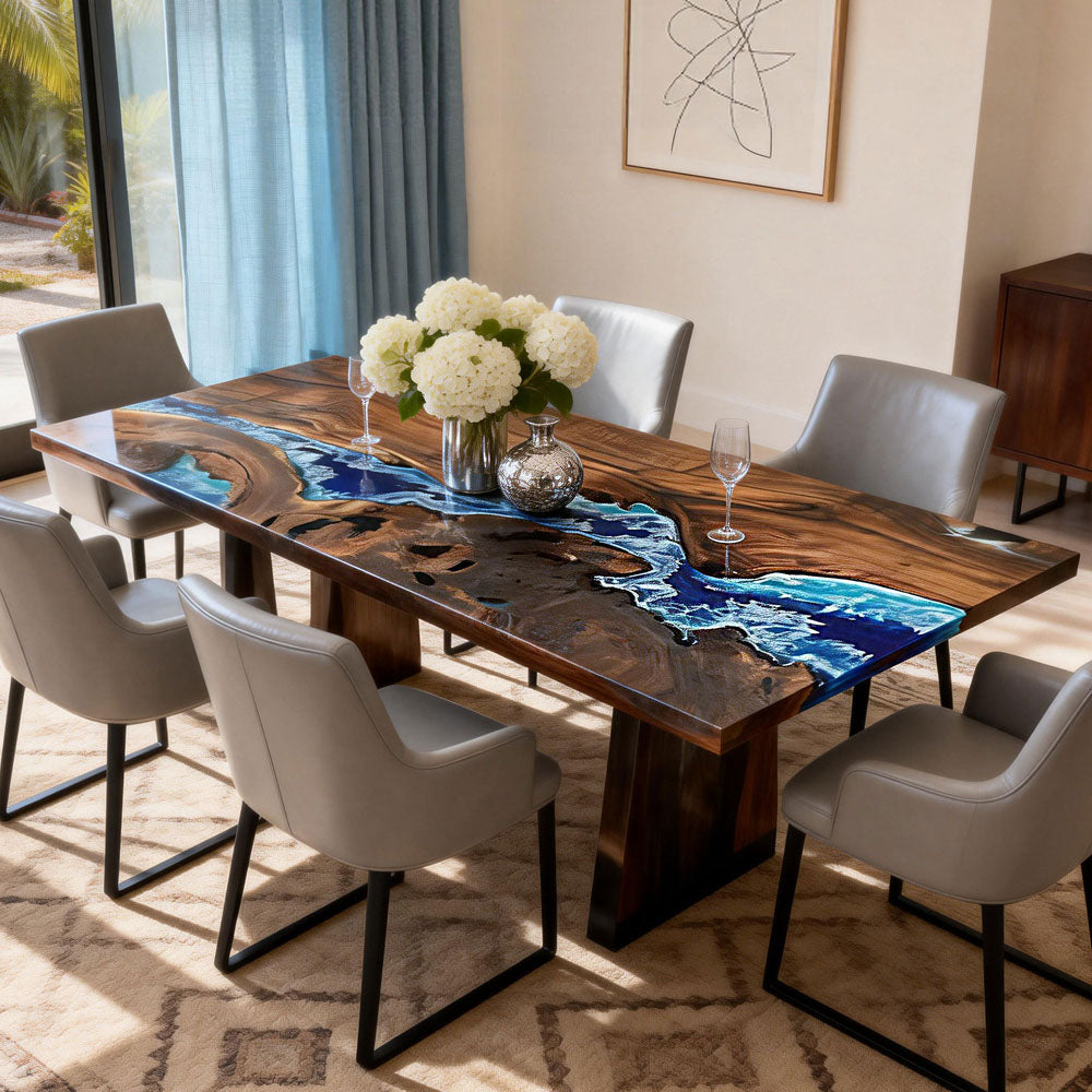 Custom Black Walnut River Blue Wave Resin Epoxy Table in Florida