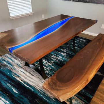 Custom Black Walnut Wood Blue River Epoxy Dining Table With Lighted 