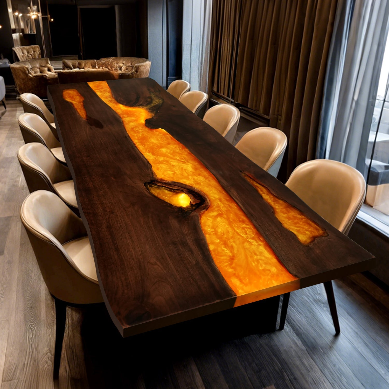 Black Walnut Wood Epoxy Table With LED Light 