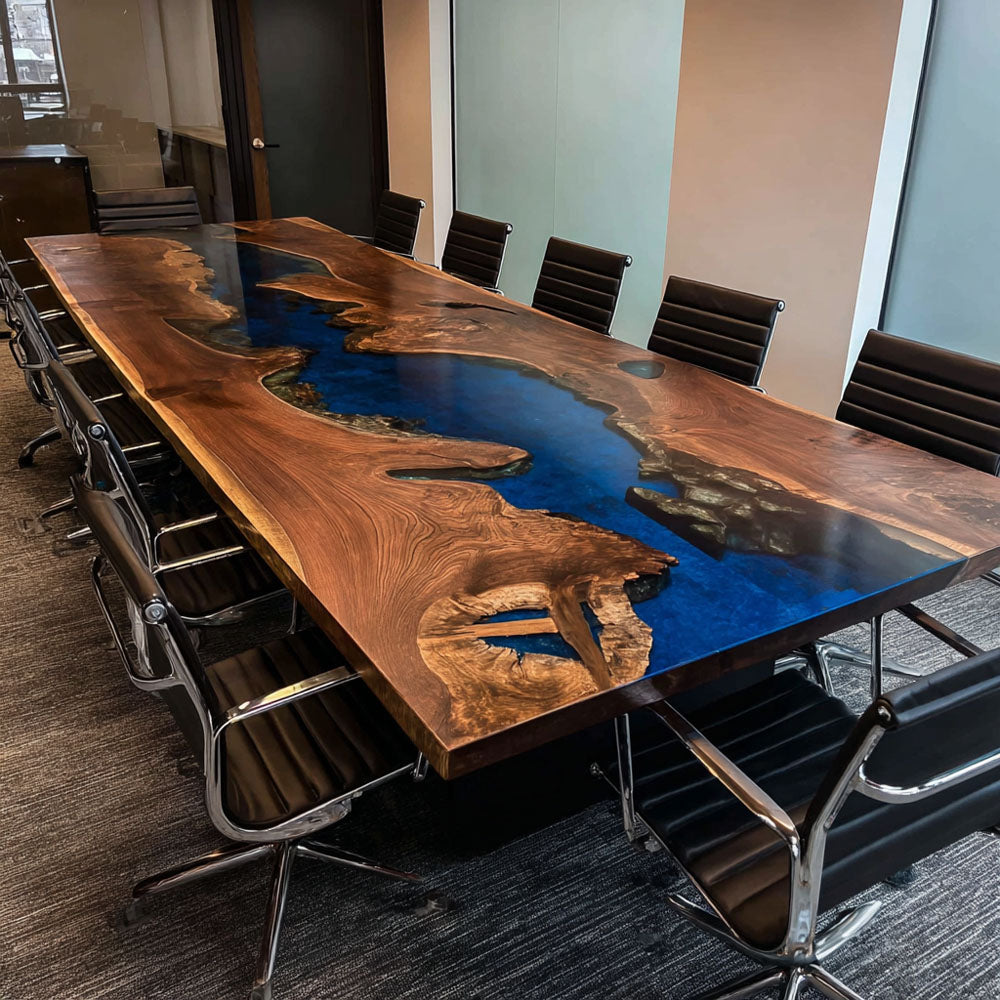Walnut Deep Ocean Blue River Resin Conference Epoxy Table in Denver