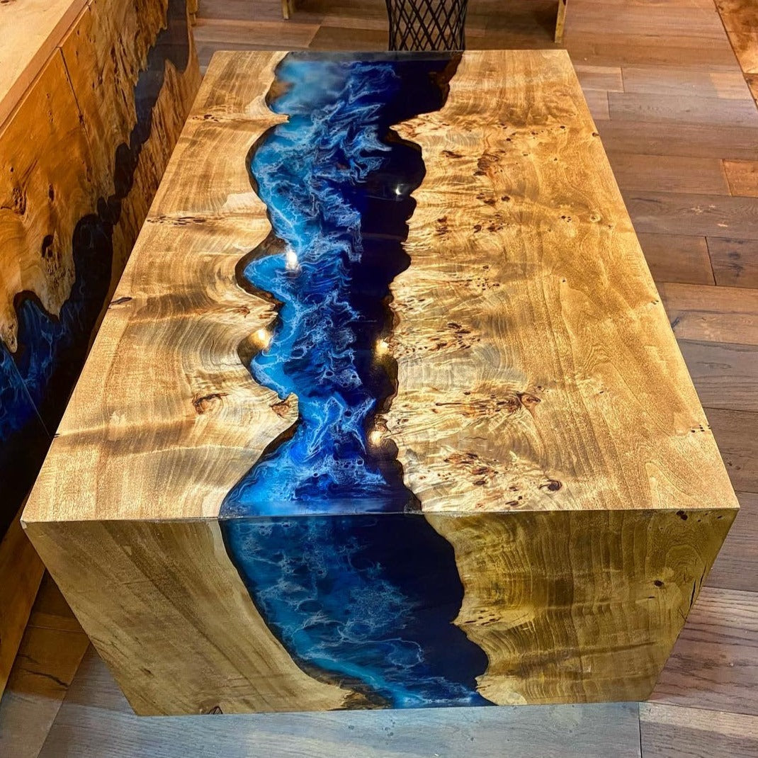 Custom Deep Ocean Blue River Waterfall Epoxy Table Kitchen Countertop