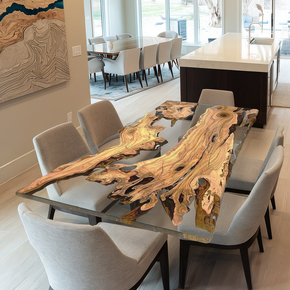 Custom Elegant Live Edge Olive Wood Dining Epoxy Table for Luxury Fine in LA Dining