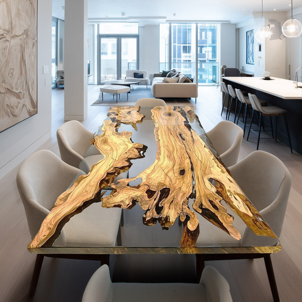 Live Edge Olive Wood Dining Epoxy Table for Luxury Fine Dining in LA