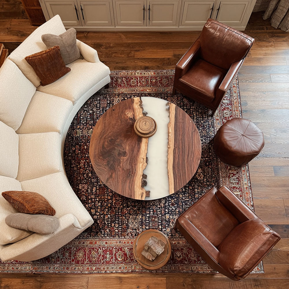 Custom Elegant Walnut Wood Round Soft Milky White Epoxy Table - Minimalist Luxury U.S. Living in New York City  