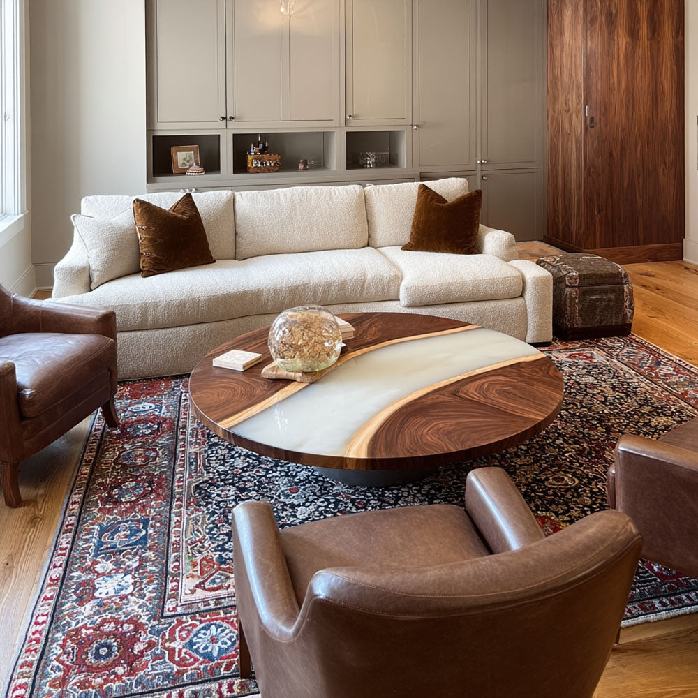 Custom Elegant Walnut Wood Round Soft Milky White Epoxy Table - Minimalist Luxury U.S. Living in New York City  