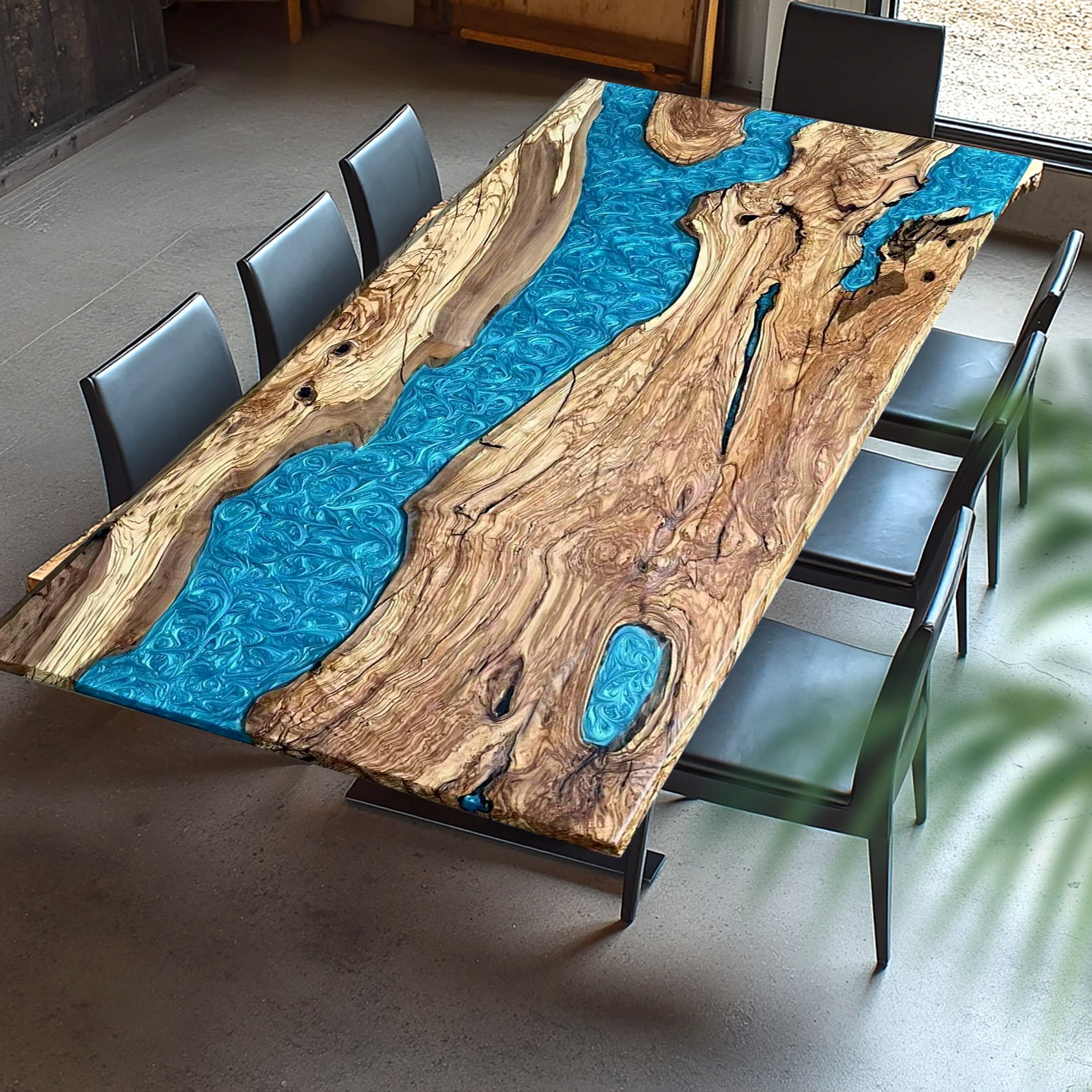 ​​Custom Ash Wood & Blue Ocean Resin Epoxy Table in Hamptons