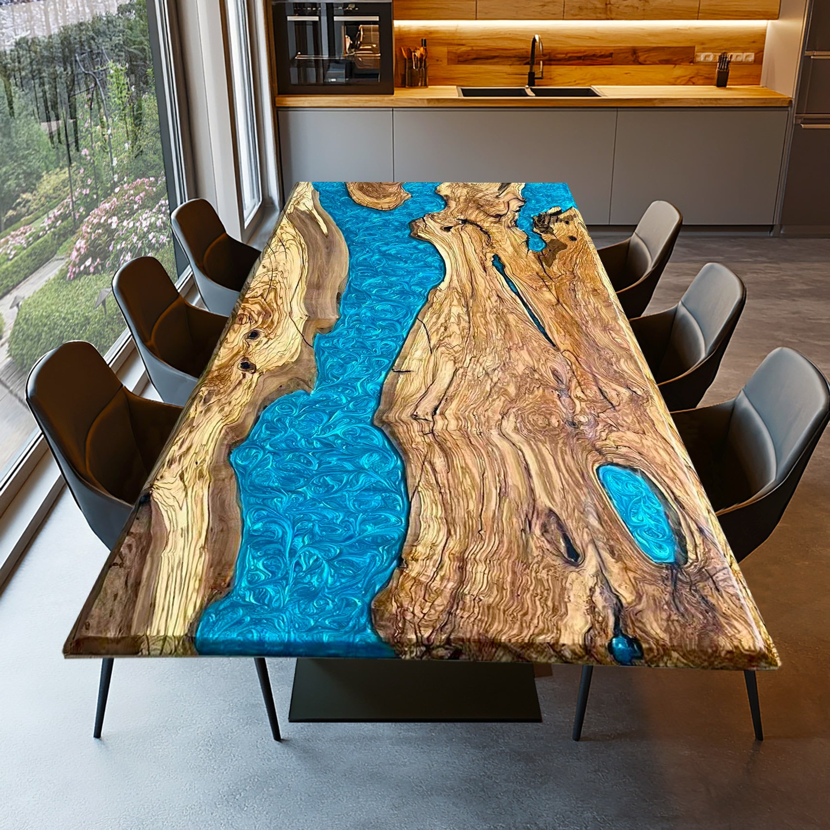 ​​Custom Handmade Olive Wood & Blue Ocean Resin Epoxy Table 