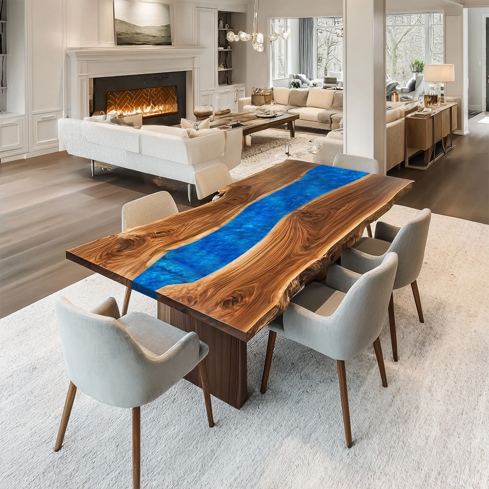 Custom Live Edge Black Walnut Blue River Resin Epoxy Table in Los Angeles