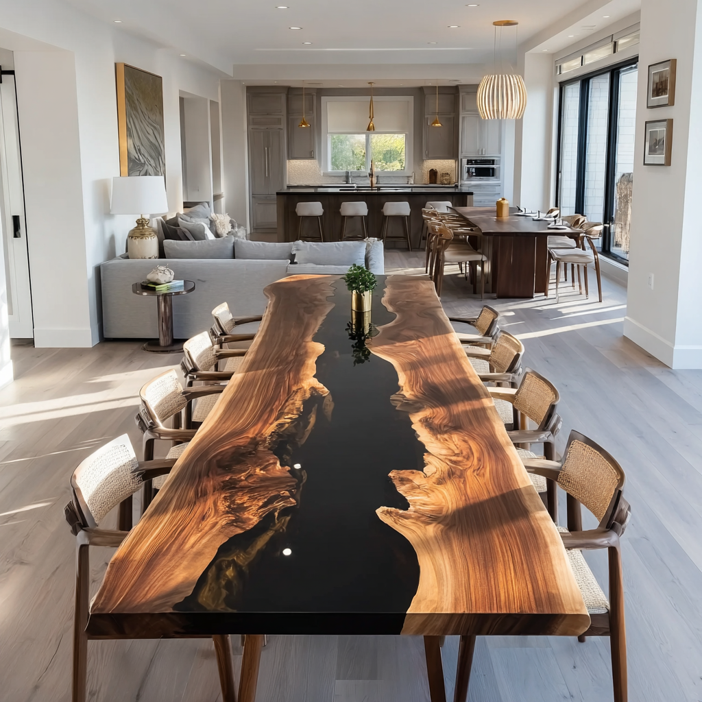 Custom Live Edge Walnut Black River Dining Resin Epoxy Table in Columbus