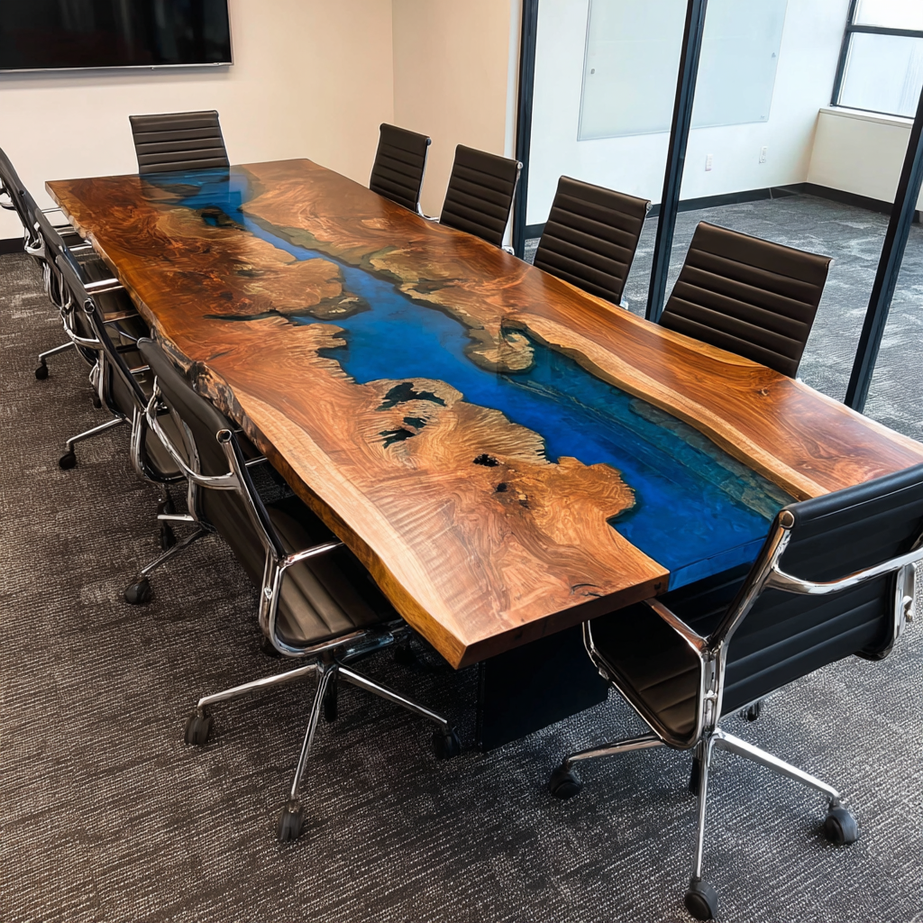 Walnut Deep Ocean Blue River Resin Conference Epoxy Table in Denver
