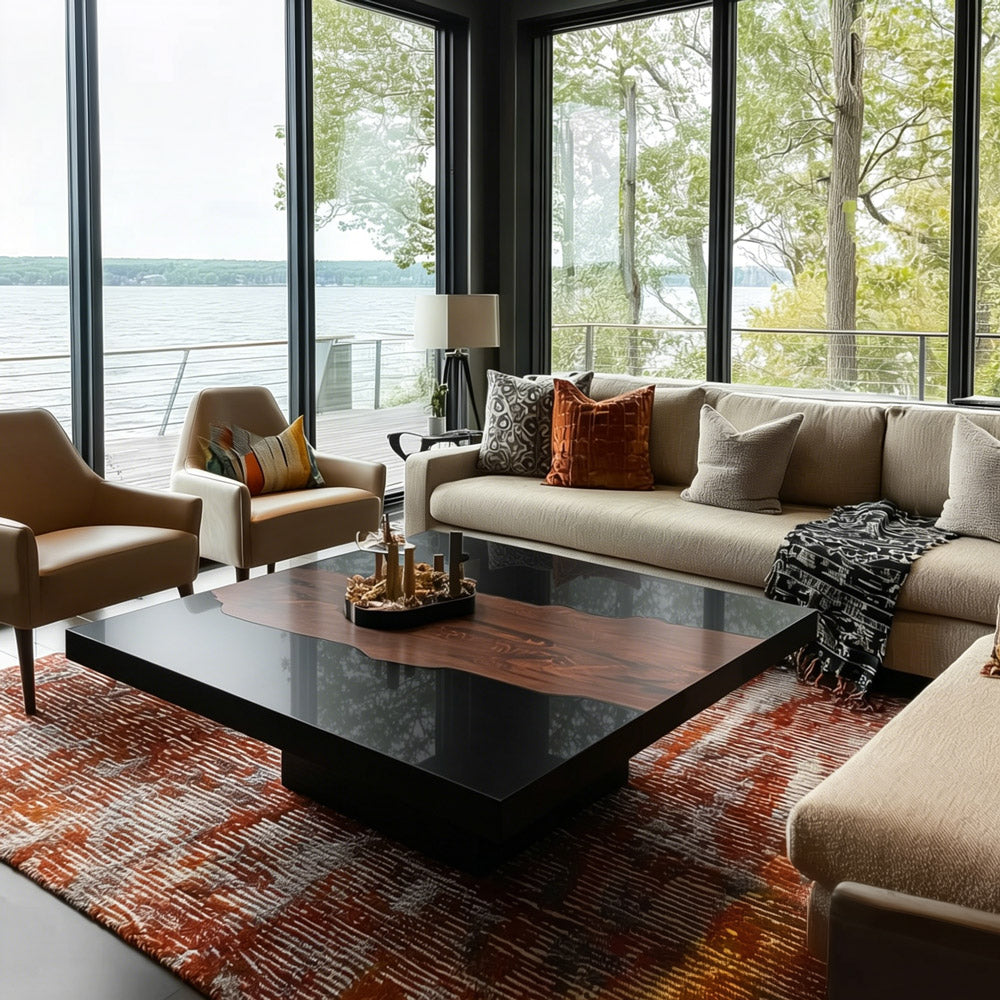 Custom Modern Square Black Walnut Sleek Black River Dining Epoxy Table for Contemporary Apartments in Nashville