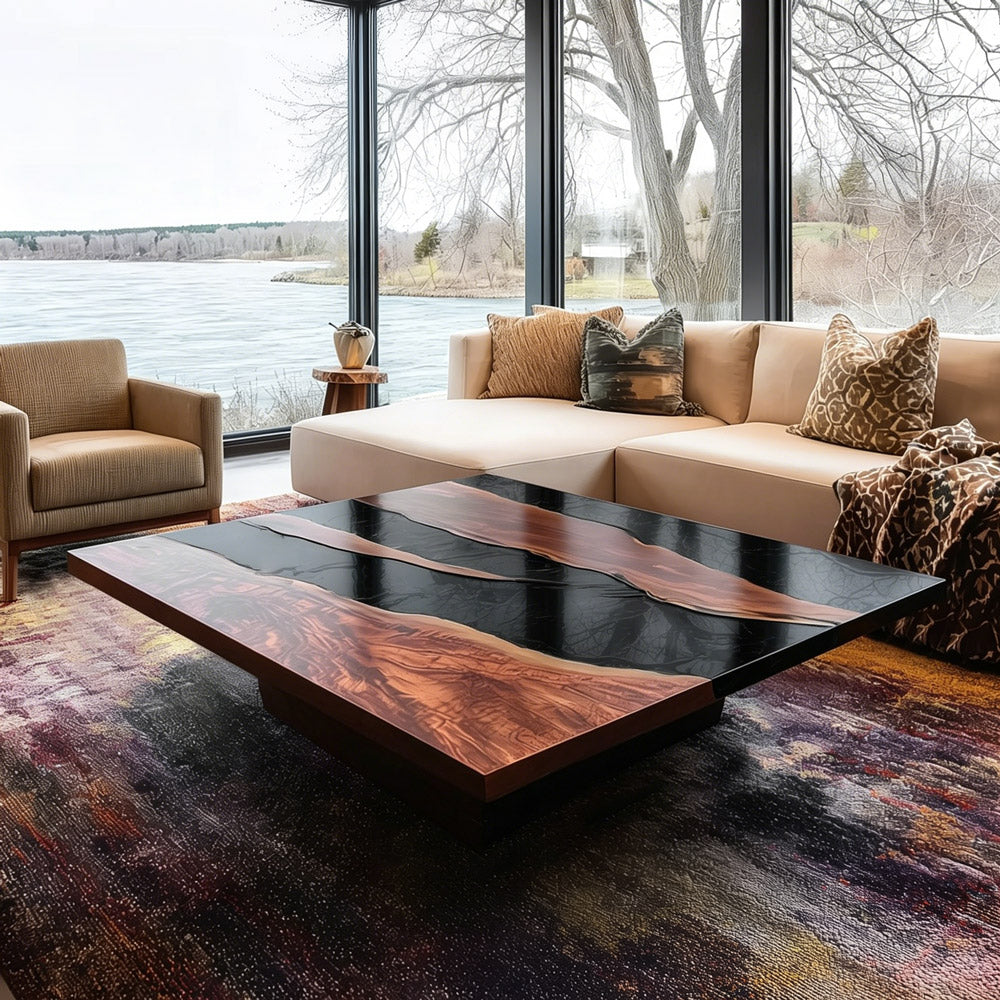 Modern Square Black Walnut Sleek Black River Dining Epoxy Table for Contemporary Apartments QCT8 in Nashville