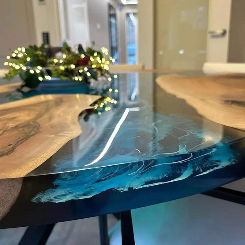 Wood Blue Transparent Wave Round Resin Epoxy Table in Austin