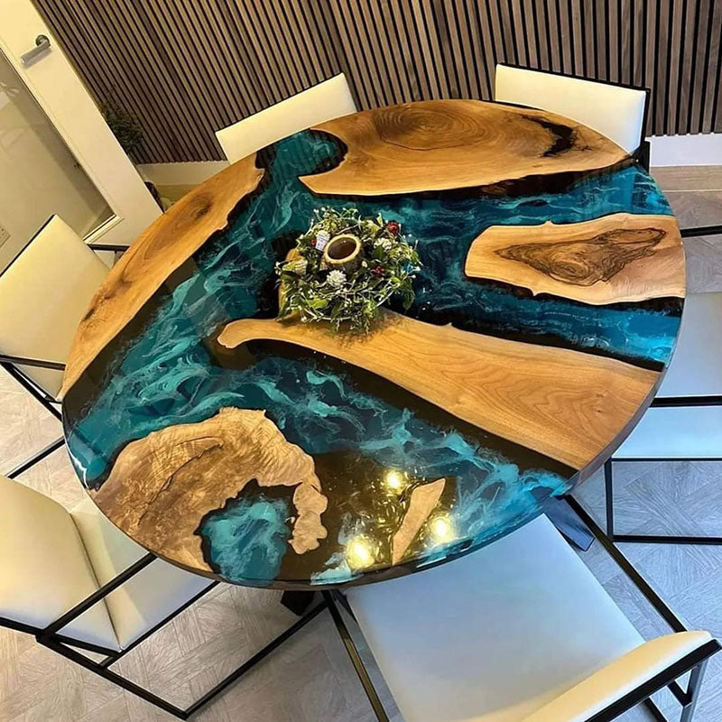 Custom Natural Wood Blue Transparent Wave Round Resin Epoxy Table in Austin