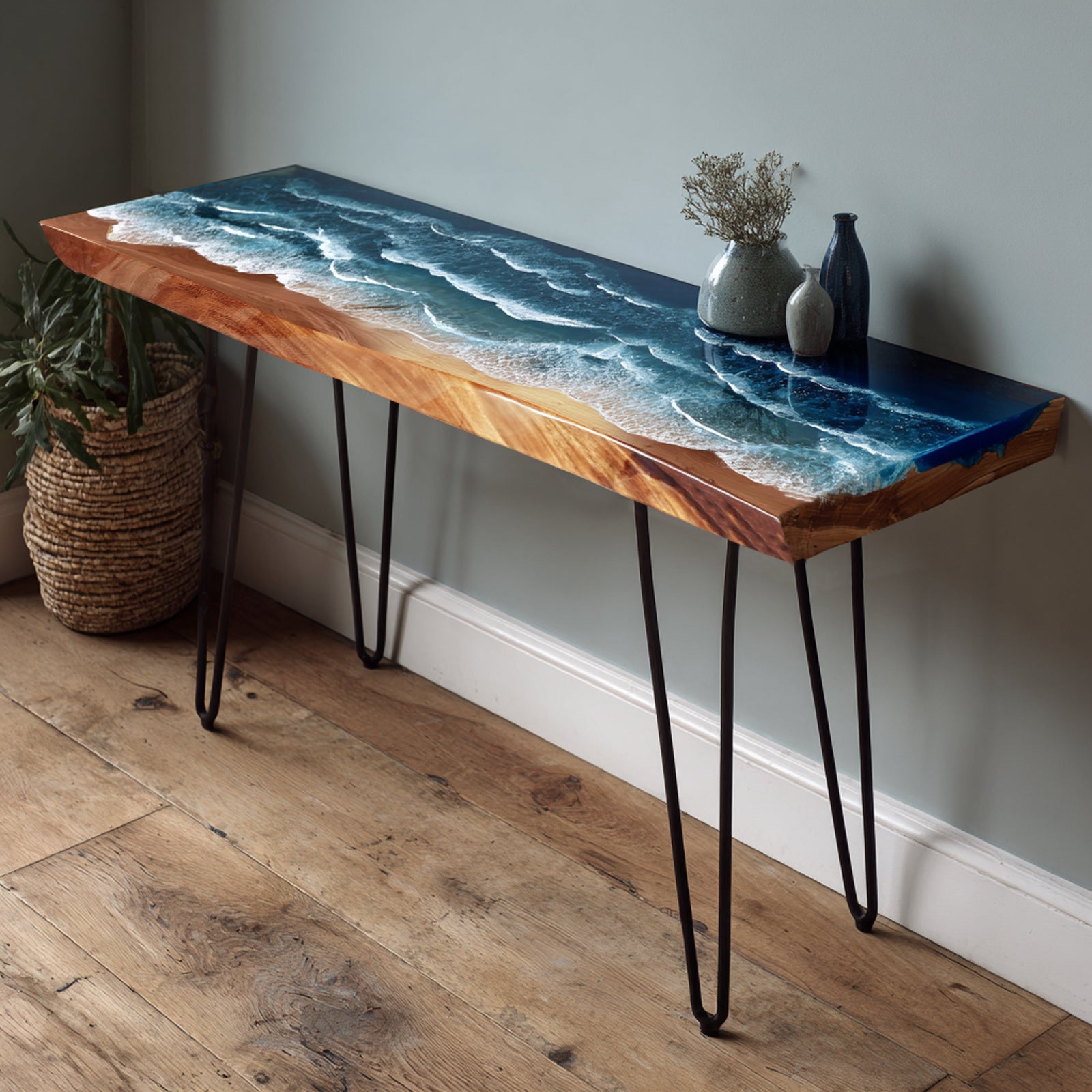 Custom Ocean Blue Seawave Epoxy & Solid Wood Console-Bar Table Kazanahome