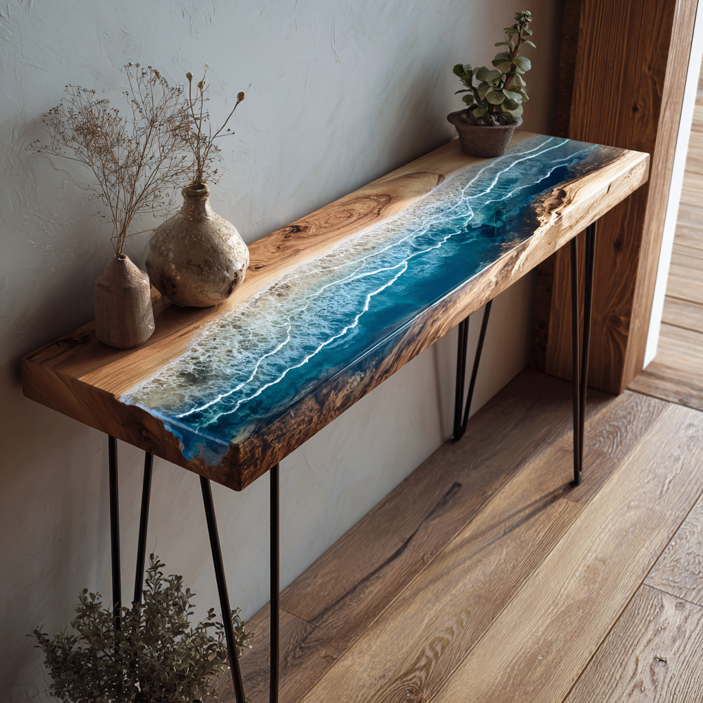 Custom Ocean Blue Seawave Epoxy & Solid Wood Console-Bar Table