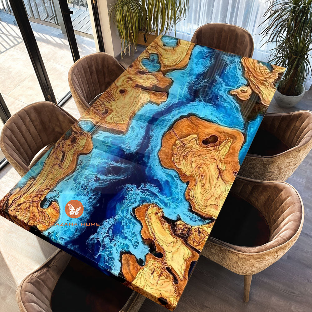 Custom Olive Blue Wave epoxy table in California