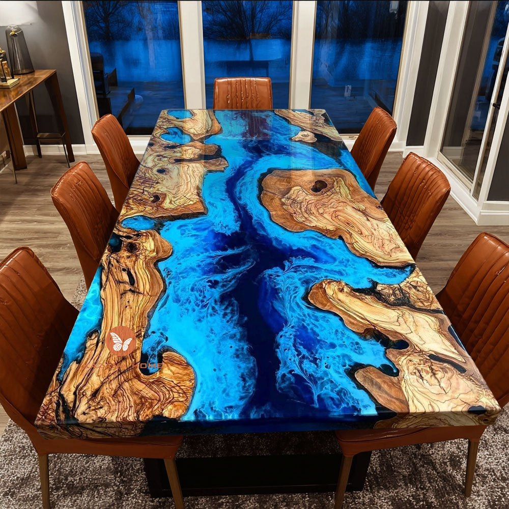 Olive Wood Ocean Wave Epoxy Table for Luxury Beachfront Villa or
