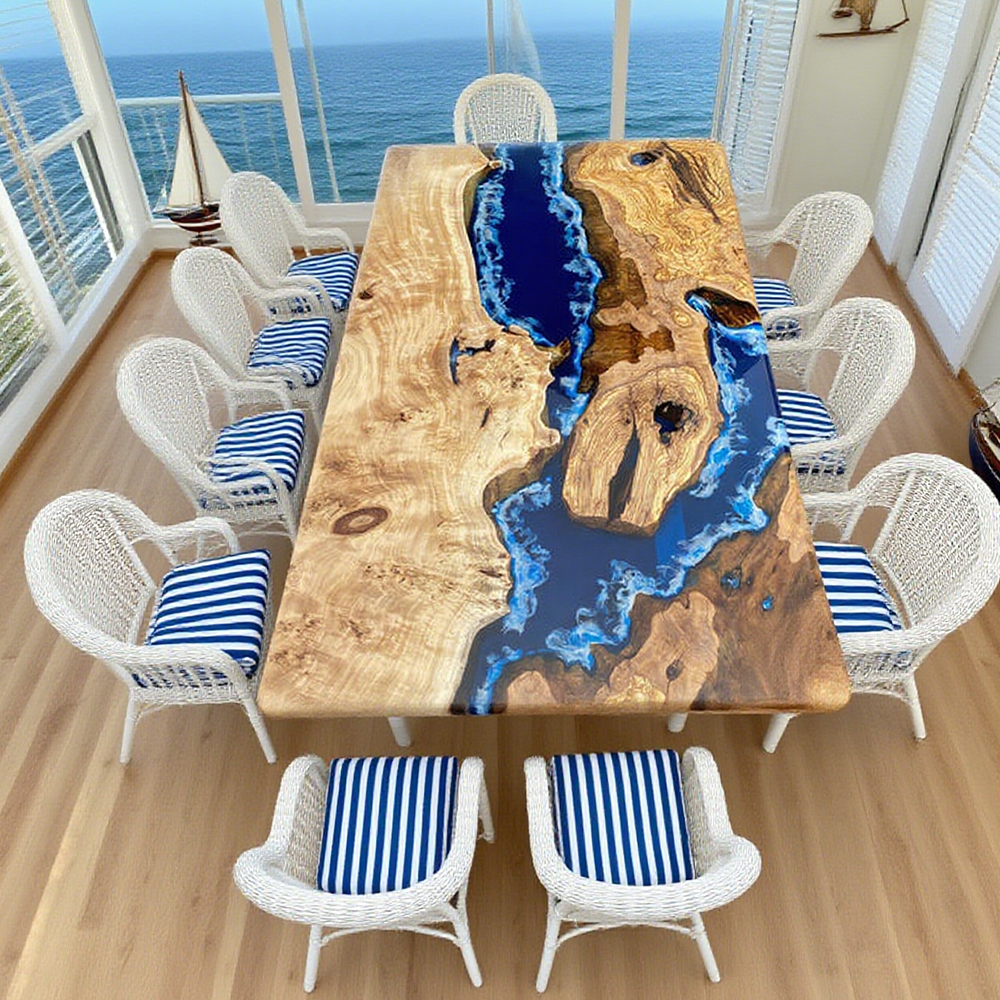 Custom Olive Coastal Blue Ocean Wave Resin Epoxy Table Dining Table