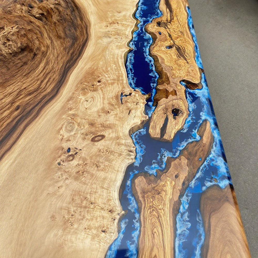 Custom Olive Coastal Blue Ocean Wave Resin Epoxy Table Dining Table in Malibu