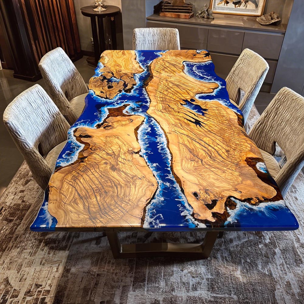 Custom Olive Deep Blue Wave Live Edge River Resin Epoxy Table in Malibu