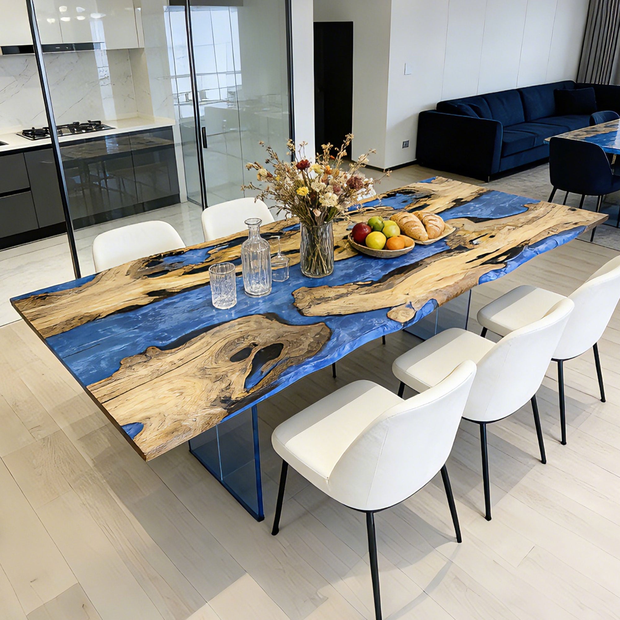 Custom Olive Live Edge Blue River Epoxy Table