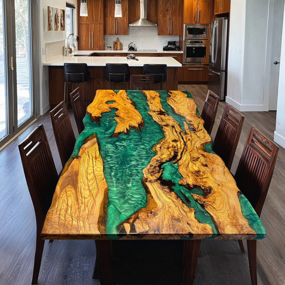 Custom Olive Live Edge Green River Resin Epoxy Table in Seattle  