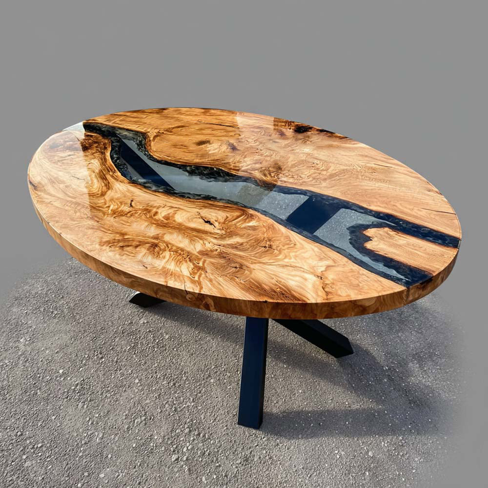 Custom Olive Oval Clear Resin Epoxy Table in Austin