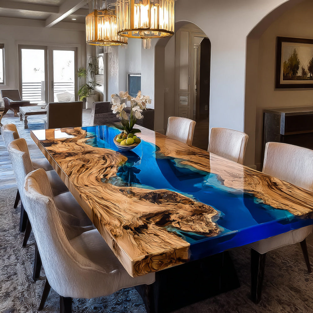 Olive Wood Blue Dining Epoxy Table -  for Luxury Hosting Restaurant & U.S. 