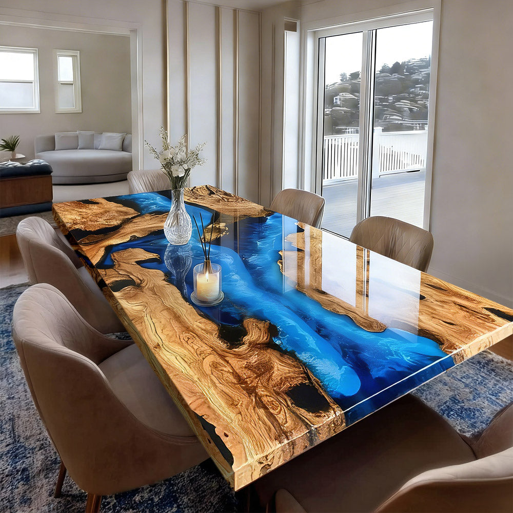 Custom Olive Wood Ocean River Epoxy Table 