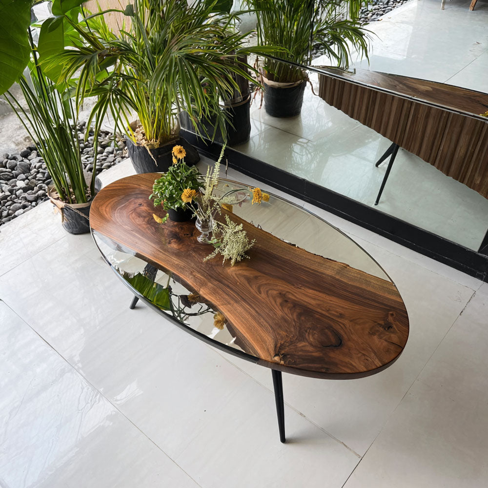 Custom Black Walnut Clear River Resin Oval Epoxy Table in Miami