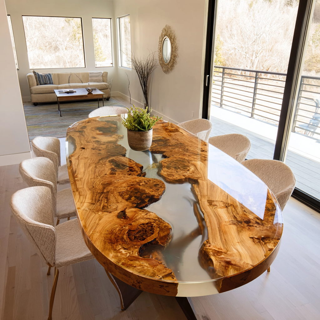 Oval Olive Wood Clear Resin Epoxy Table Table in Malibu