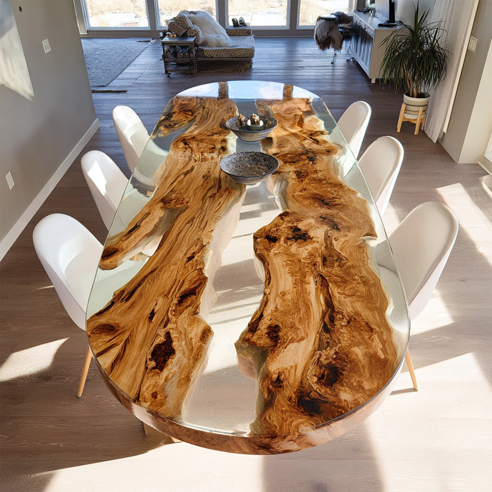 Custom Oval Olive Wood Clear Resin Table Table - Perfect Social Centerpiece for Hosting in Malibu