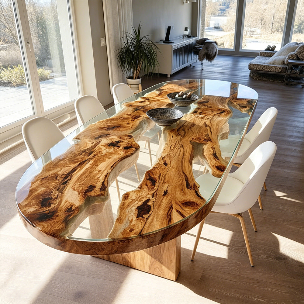 Custom Oval Olive Wood Clear Resin Table Table in Malibu 