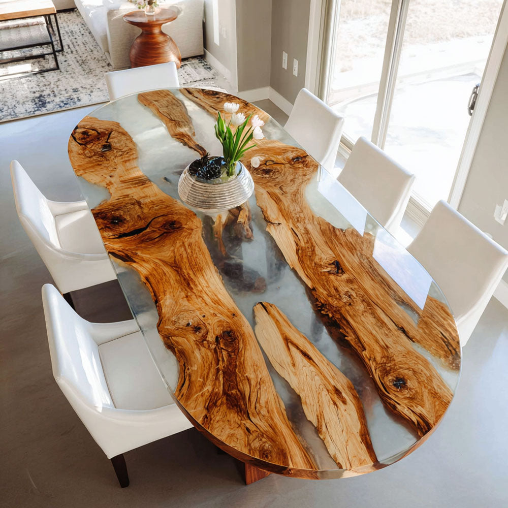 Custom Oval Olive Wood Clear Resin Table Table - Perfect Social Centerpiece for Hosting in Malibu