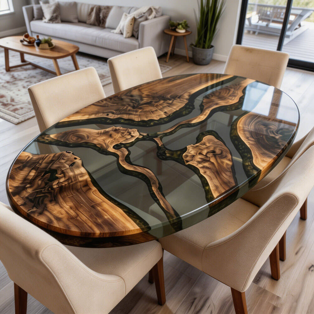 Custom Oval Olive Wood Transparent Black Resin Epoxy Table for U.S. Bright Modern Interiors in Seattle  