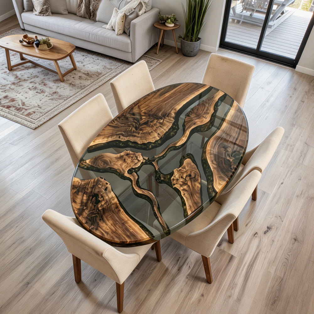 Custom Oval Olive Wood Transparent Black Resin Epoxy Table in Seattle  