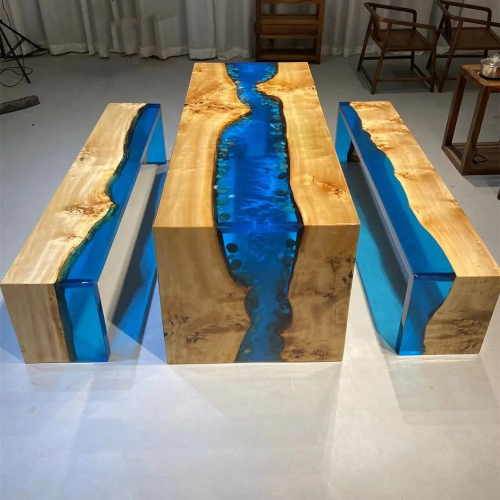 Custom Poplar Transparent Blue Resin River Waterfall Epoxy Table